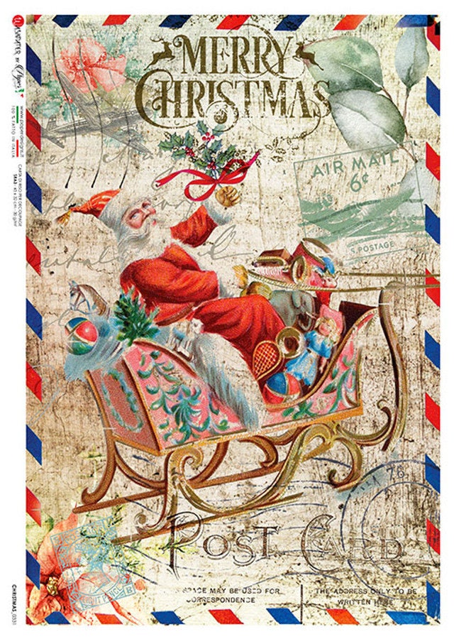 Santa in Sleigh Postcard |Rice Paper – Piglet's Closet